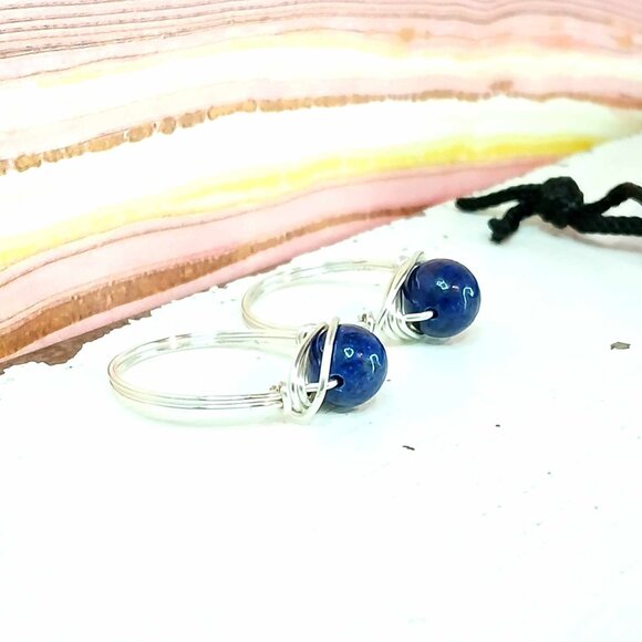 Lapis Lazuli Gemstone Beaded Wire Ring, Crystal Dainty Chic Cute Silver - Picture 2 of 3